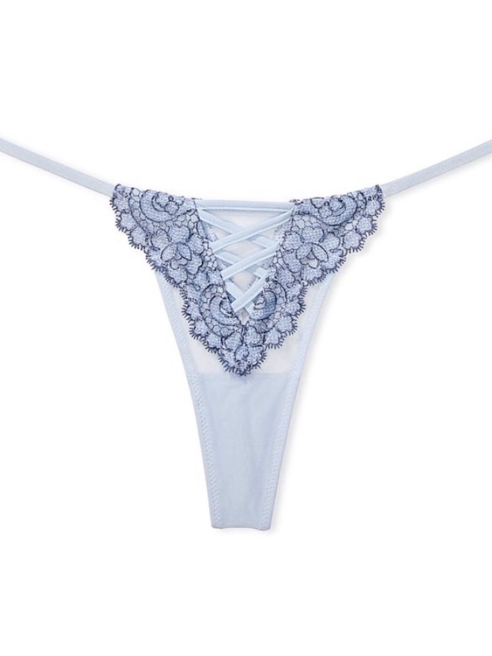 Victoria’s Secret VERY SEXY Chantilly Lace Up V-String Thong Panty Sz M / Blue